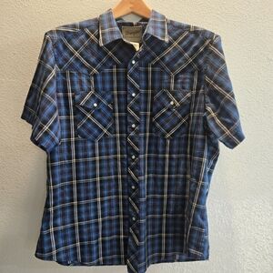 Wrangler Men's Casual Blue Pearl Snap Short Sleeve Collared‎ Button Down Xl